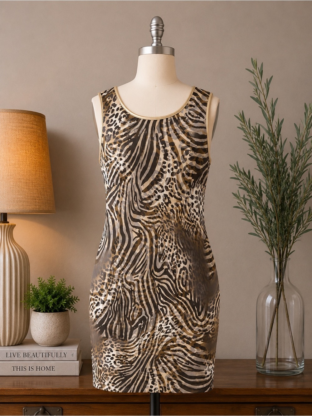 Thalia Sodi Leopard Animal Print Bodycon Dress Gold Trim Sleeveless Size M